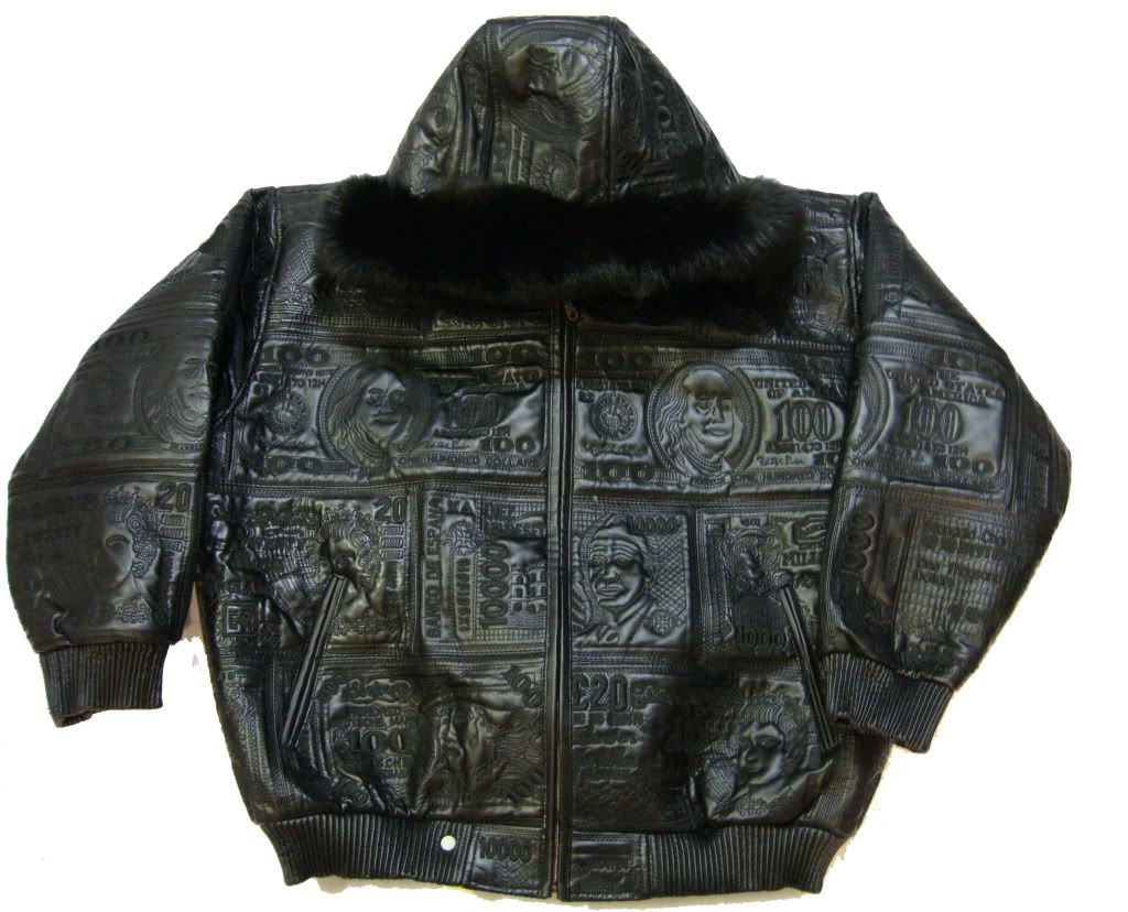 Mens HipHop Money Embroidery Synthetic Leather Jacket (World Currency