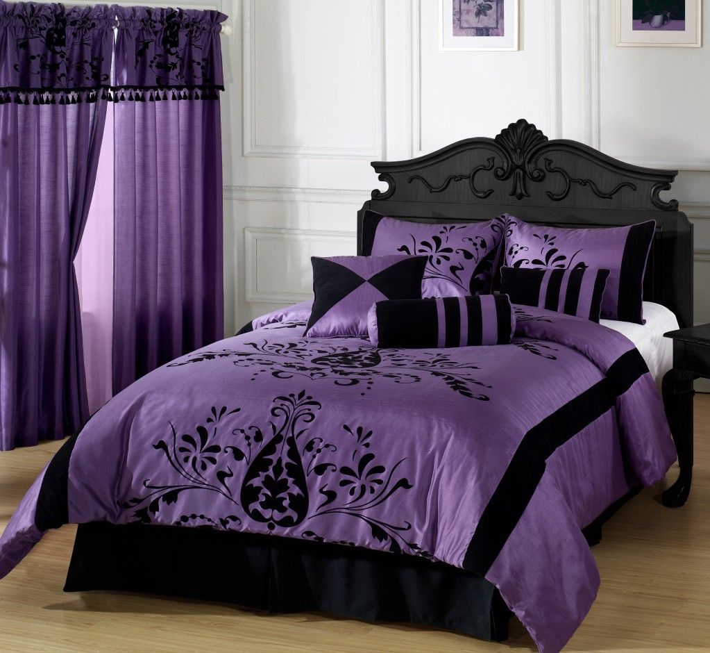 Violeta 7pc Comforter Set Purple Black Floral Flocking Full Queen ...