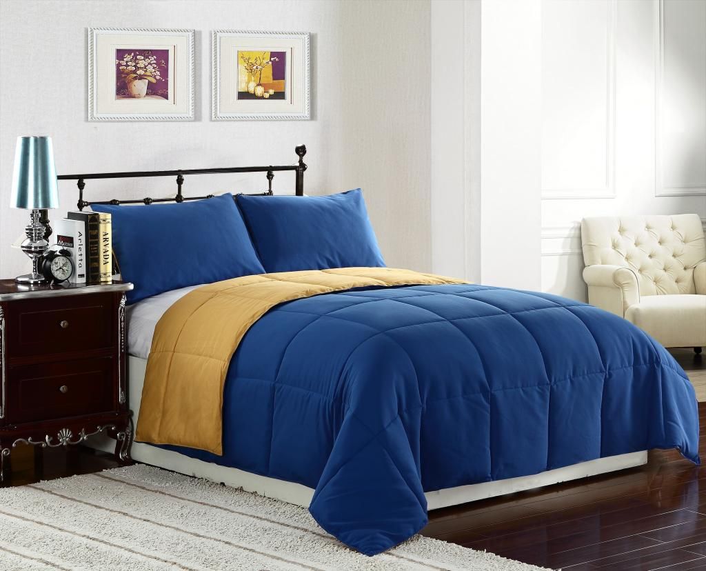3pc Reversible Down Alternative Comforter Set,Blue/Gold bedding QUEEN