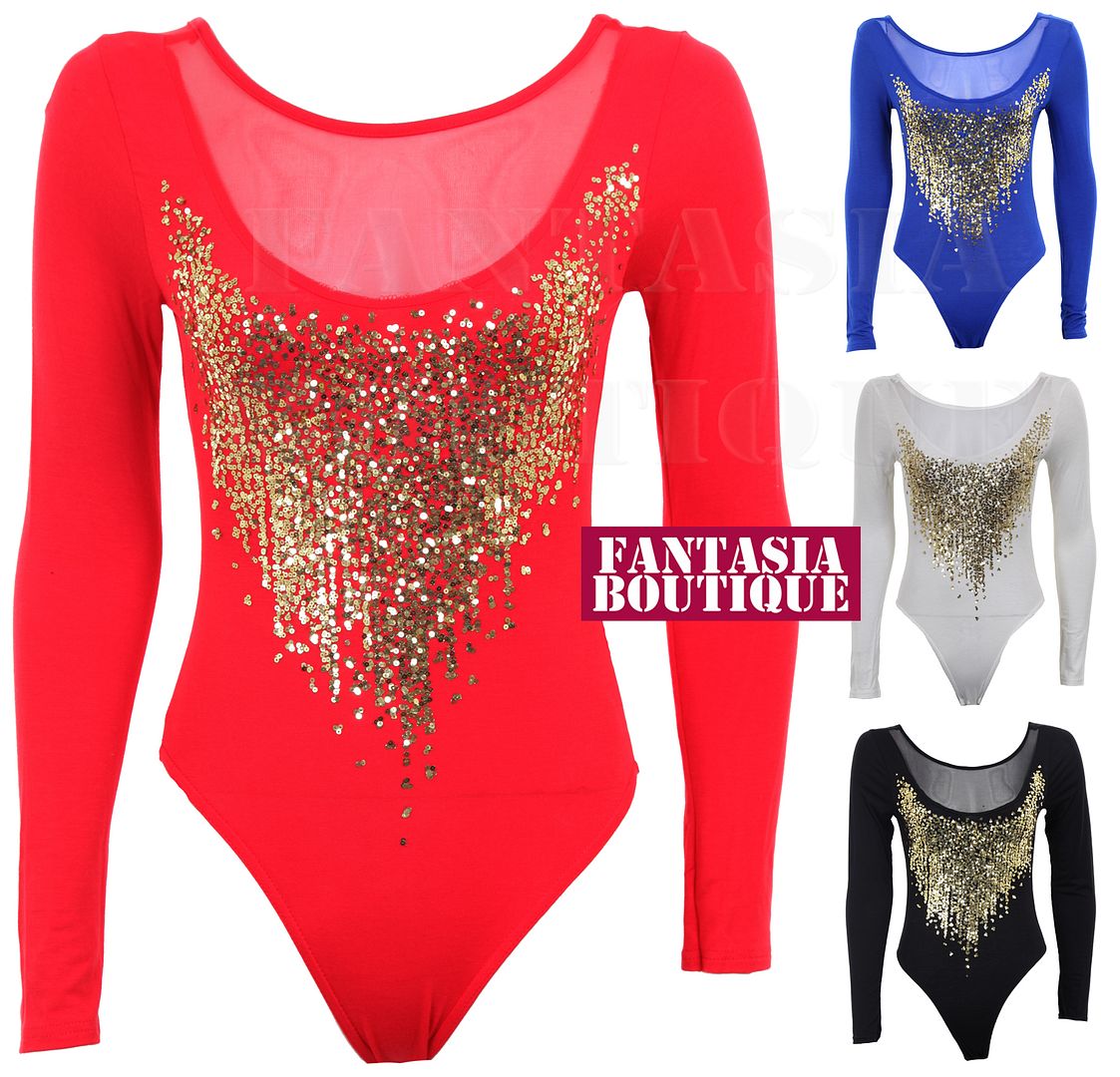 Ladies Long Sleeve Gold Sequin Mesh Insert Low Back Leotard Womens Bodysuit