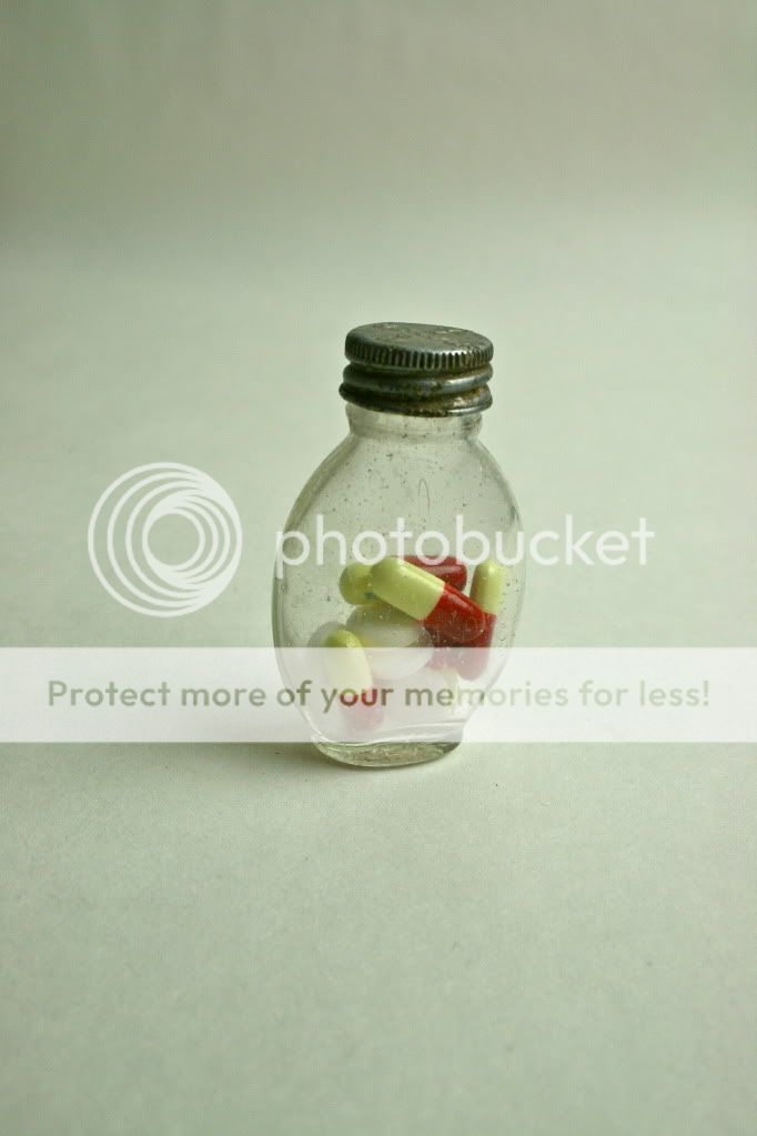 antique small glass bottles, original pill bottle, pills, shoe polish 